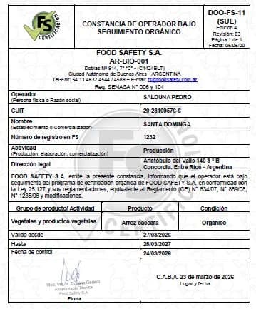 Constancia SUE de seguimiento orgánico de Santa Dominga