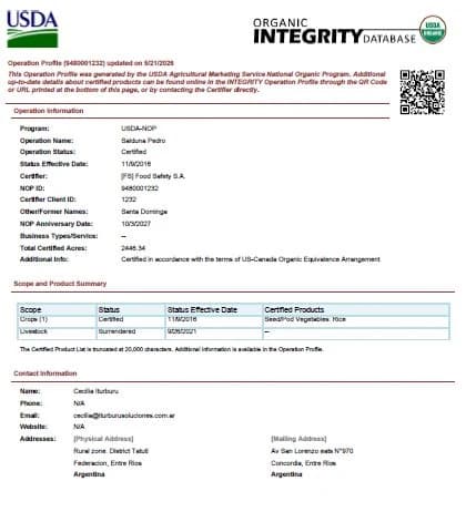 Registro USDA Organic Integrity de Santa Dominga