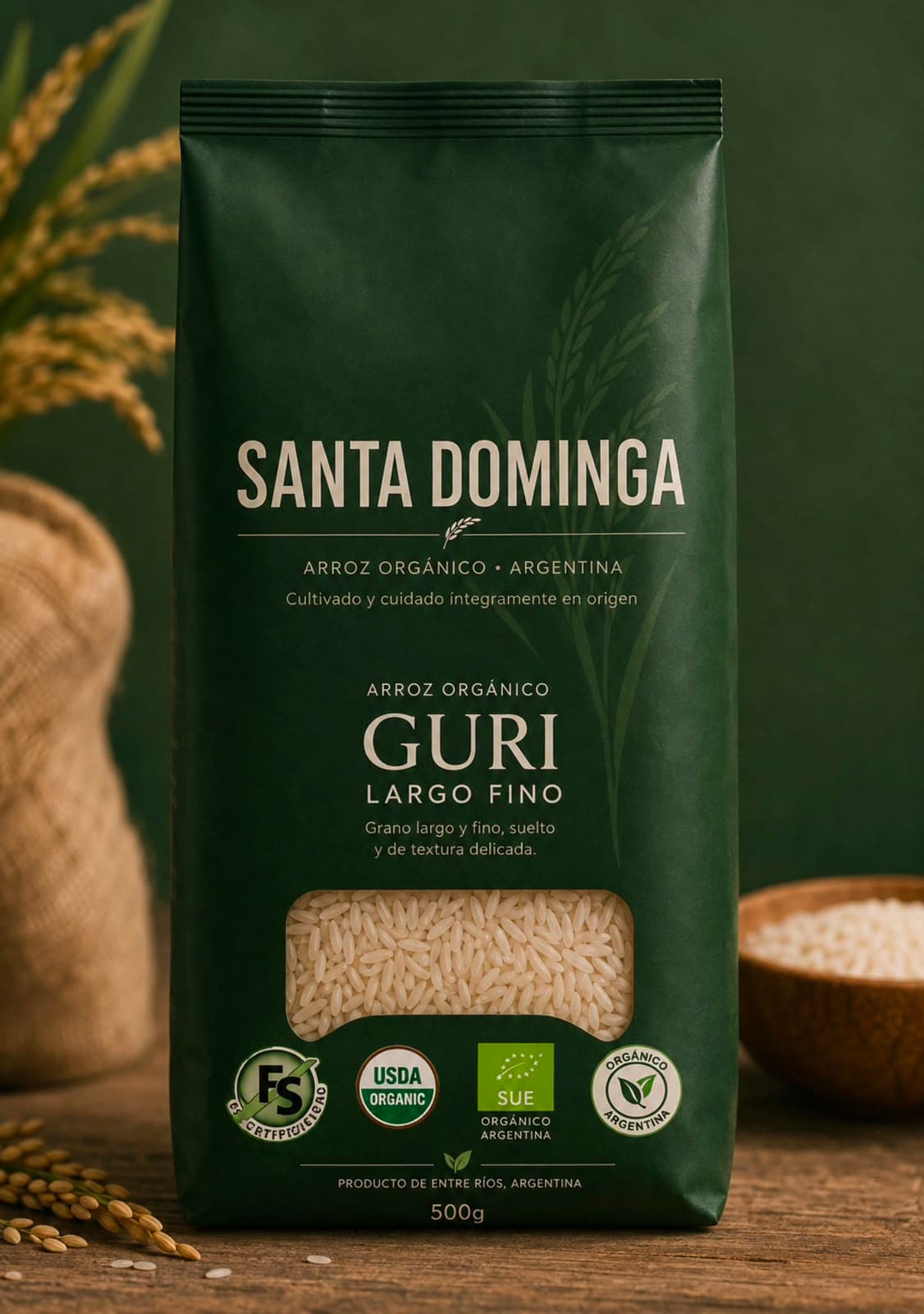 Envase verde de arroz orgánico Santa Dominga Guri largo fino de 500 gramos